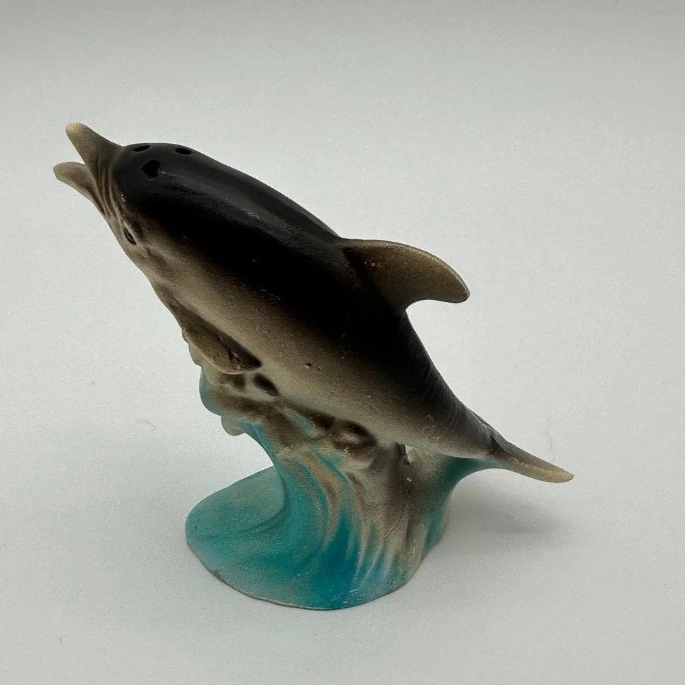 Vintage Dolphin Salt and Pepper Shakers Set Grey Blue Ocean Waves Decor